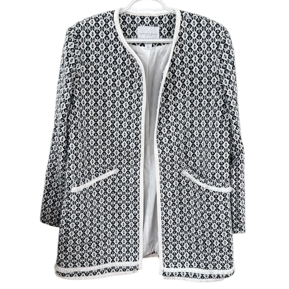 Carolina Belle Montreal Open Front Tweed Fringe Long Blazer Jacket Size XL